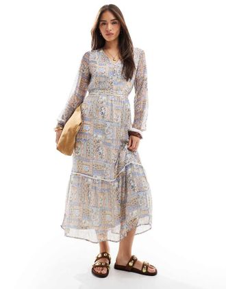 Vero Moda smock maxi dress in pink patchwork print-White