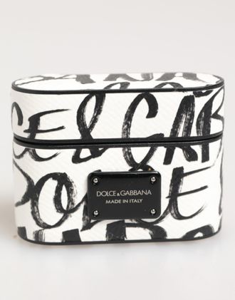 Dolce & Gabbana Black White Leather Monogram Print Logo Holder Airpods Case Accessory