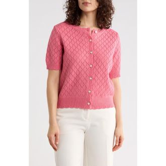 Nanette Lepore Pointelle Short Sleeve Cardigan in Mademoiselle Pink at Nordstrom Rack, Size X-Large