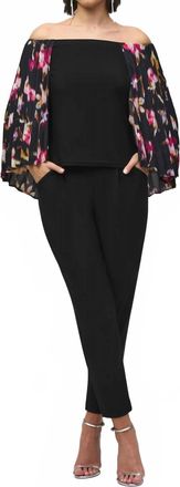 Joseph Ribkoff Solace Silky Knit Off The Shoulder Top With Pleated Georgette Cape In Black