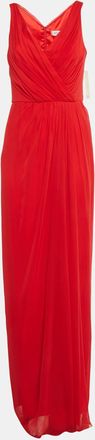 Badgley Mischka Red Silk Pleated Sleeveless Gown
