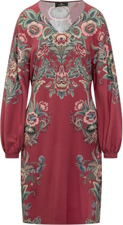 Etro Red Floral V Neck Midi Dress