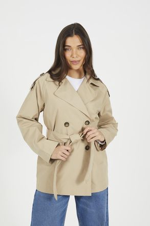 Brave Soul Womens Stone Double Breasted Short Mac With Self Tie Belt - Size 16 UK