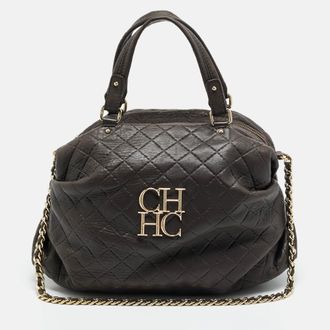 Carolina Herrera Pleated Chain Dark Brown Quilted Leather Satchel