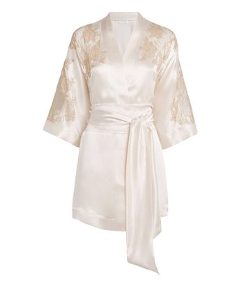 Carine Gilson Silk Lace-Trim Short Kimono Robe Size S