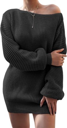 Generic Womens Off The Shoulder Sweater Casual Long Sleeve Crew Neck Solid Color Soft Ribbed Knitted Oversized Loose Fit Sweaters (Black,XL)