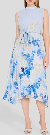 Tahari by ASL Border Print Pleated Tie Waist Midi Dress in Ivory Blue Floral at Nordstrom, Size 12