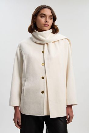Karen Millen Womens Tall Brushed Wool Detachable Scarf Tailored Short Coat - White - Size 10 UK