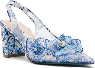 Betsey Johnson Petra Slingback Pointed Toe Pump in White/Blue Floral at Nordstrom, Size 8.5