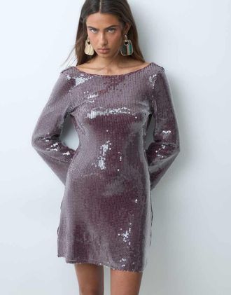 Tfnc vestito corto con paillettes, maniche svasate, scollo rotondo e schiena bassa bordeaux-Rosso