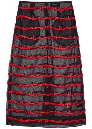 Simone Rocha Simone Rocha Embroidered Sheer Tulle Midi Skirt - Black Red - 10 (UK10 / S)