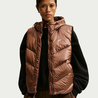 Nike Womens Nike Sportswear Windpuffer Loose Storm-FIT Hooded Down Vest in Brown | IF5919-259