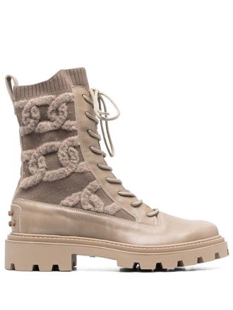 Tod's shearling-logo combat boots - women - Polyamide/Spandex/Elastane/Rubber/Virgin Wool/CALFSKIN/CALFSKIN - 40 - Neutrals