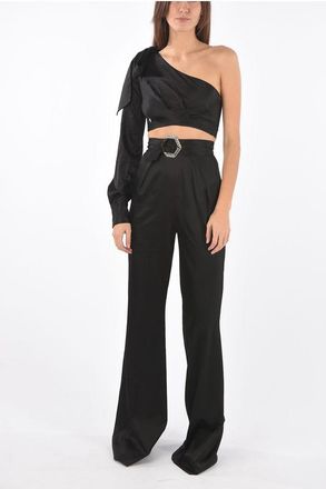 Philipp Plein COUTURE completo boot cut con top crop monospalla in seta taglia S
