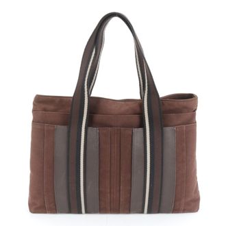 Herm&egrave;s Brown Leather Canvas Handbag Shoulder Bag Tote Bag (Pre-Owned)