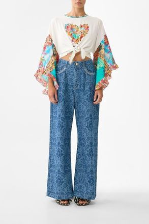 Camilla Tie Front Ruffle Sleeve T-Shirt in Meet Me In Mallorca at Nordstrom, Size Xx-Small Au