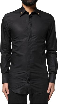 Dolce & Gabbana Zwart overhemd met slanke pasvorm en kruisversiering - Heren - Casual Overhemden - Zwart - XS - Katoen - Overhemden