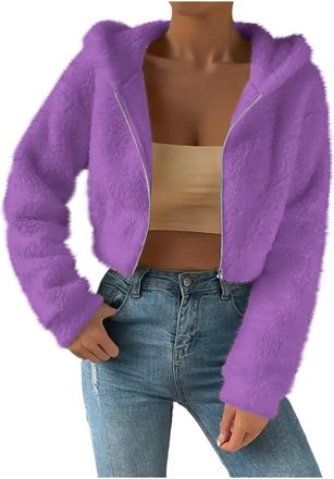 Generic Womens Fleece Cropped Jacket Fuzzy Fluffy Winter Warm Short Coat Jumper Hooded Long Sleeve Zip Up Pullover Top Loose Casual Thermal Sweatshirt Ladies 