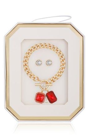 Guess Toggle Bracelet & Stud Earrings Set in Gold/red at Nordstrom Rack
