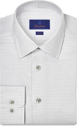 David Donahue Trim Fit Microcheck Stretch Cotton Twill Dress Shirt in Pearl/White at Nordstrom, Size 17.5 - 32