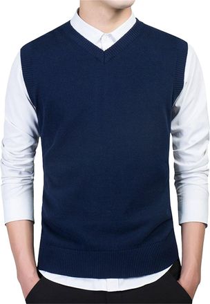 Generic Vintage Casual Sleeveless Sweater Vest V Neck Knit Pullover Mens Outfit Business Layering Classic Daily Wear Navy Blue XX-Large