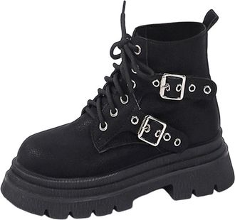 Generic Winter Ladies Fashion Solid Leather Ankle Boots with Belt Buckle Decorative Lace Up Thick Heel Design for Stylish Comfort (Black, 5)