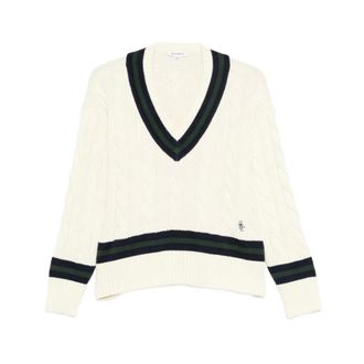 Sporty & Rich Truien & Vesten, Dames, Beige, M, Katoen, SRC Cableknit V-Neck Sweater