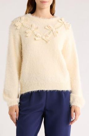 By Design Faux Pearl & Bow Embellished Crewneck Sweater in Eggnog at Nordstrom Rack, Size X-Small
