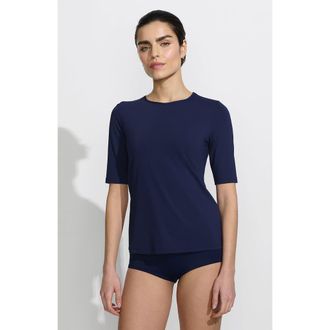 Lands End Long Crew Neck Rash Guard UPF 50 Sun Protection Swim Tee in Deep Sea Navy at Nordstrom, Size X-Small