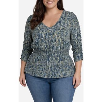 Liverpool L.A. Ruched Sleeve V-Neck Top in Navy Gold Multi at Nordstrom, Size 1X
