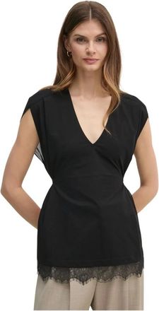 Twinset Top met kant en plooien - Dames - Blouses & Shirts - Zwart - Maat: XS Katoen