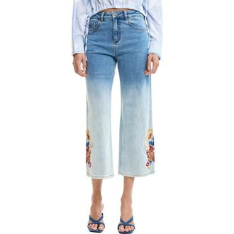 Desigual Floral Embroidered Gradient Crop Wide Leg Jeans in Medium Blue at Nordstrom, Size 40