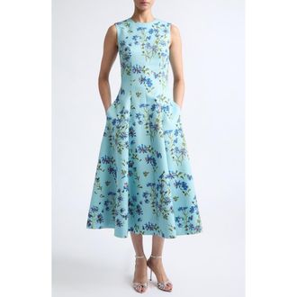 Emilia Wickstead Mara Magnolia Taffeta Faille Midi Dress in Magnolia Print - Blue at Nordstrom, Size 14