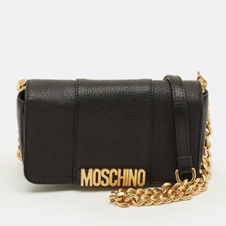 Moschino Black Leather Logo Flap Shoulder Bag
