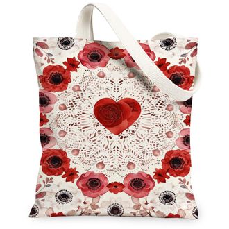 Generic Floral Heart Canvas Tote Bags, Vintage Flower Design Reusable Grocery Bags, Elegant Lightweight Washable Shoulder Strap Can, Red, 13x15 Inch