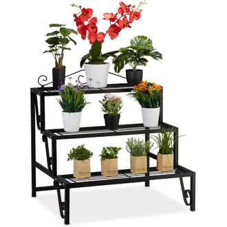 Relaxdays Escalera Plantas De Metal, 3 Pisos, Exterior E Interior, Estanter&iacute;a Flores Con Adornos, 69 X 70 X 60 Cm, Negro - Relaxdays