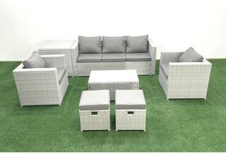 Fimous Fimous 7 Seater Rattan Garden Furniture Set with 3 Seater Sofa 2 Chair Rectangular Coffee Table 2 Small Footstools Side Table Light Grey Mixed