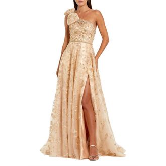 Mac Duggal Embellished Bow One Shoulder A Line Gown in Champagne at Nordstrom, Size 14