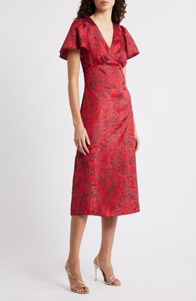 Chelsea28 Floral Jacquard Draped Midi Dress in Red Hollie Floral at Nordstrom, Size X-Small
