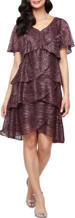 S.L. Fashions Tiered Shimmer Metallic Flutter Sleeve Dress in Berry at Nordstrom, Size 18