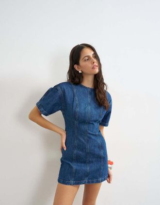 Topshop Vestito corto in denim a maniche corte blu medio