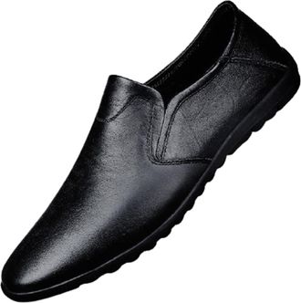 Generic Mens Loafers Shoes Genuine Leather Round Toe Breathable Flexible Lightweight Slip Resistant Prom Slip-ons(Black,7.5 UK)