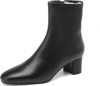 Generic Womens Round Closed Toe PU Leather Ankle Boots Chunky Block Heels Side Zip Stretch Fit Soft Insole Non Slip Outsole Solid Color,Black,3.5 UK