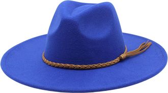 Generic Wide Brim Fedora Hat - Wool Felt Panama Cap - One Size Unisex Women Men - Braided Leather Band - Fedora Sun Hat Blue