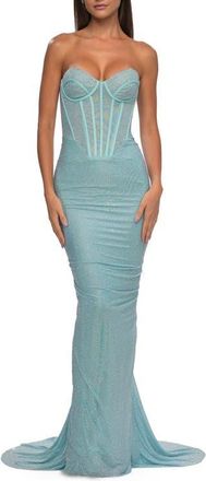 La Femme Corset Style Prom Dress with Rhinestone Fabric in Aqua at Nordstrom, Size 12