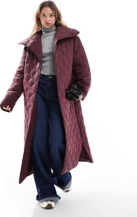 Asos waterfall collar quilted longline coat in burgundy-Green