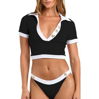 L'agence Anastasia Colorblock Short Sleeve Crop Rashguard in Black at Nordstrom, Size X-Small