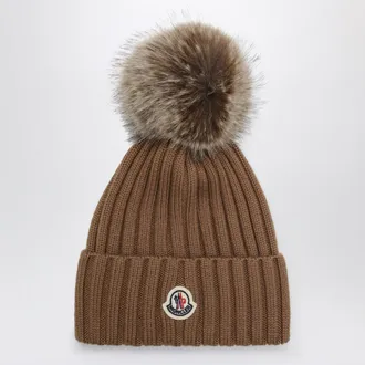 Moncler Beige wool beanie with pom-pom