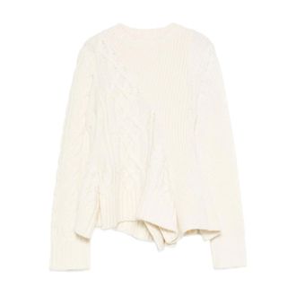 sacai Round-neck Knitwear, female, White, Size: S Ruffled Cable Knit Sweater