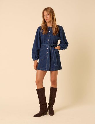Nobody's Child Dark Blue Denim Carlee Tie Waist Mini Dress